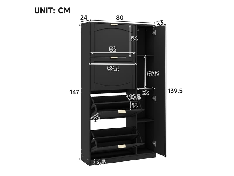 Meuble à chaussures avec miroir 80x147x24 cm, meuble d'entrée avec 5 portes, niches réglables, panneaux particules, noir  - Conforama C