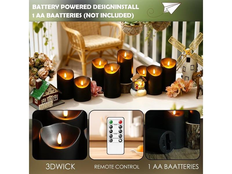 24 bougies pilier led noires sans flamme, effet vacillant avec télécommande et minuterie, bougies électriques décoratives - Conforama D