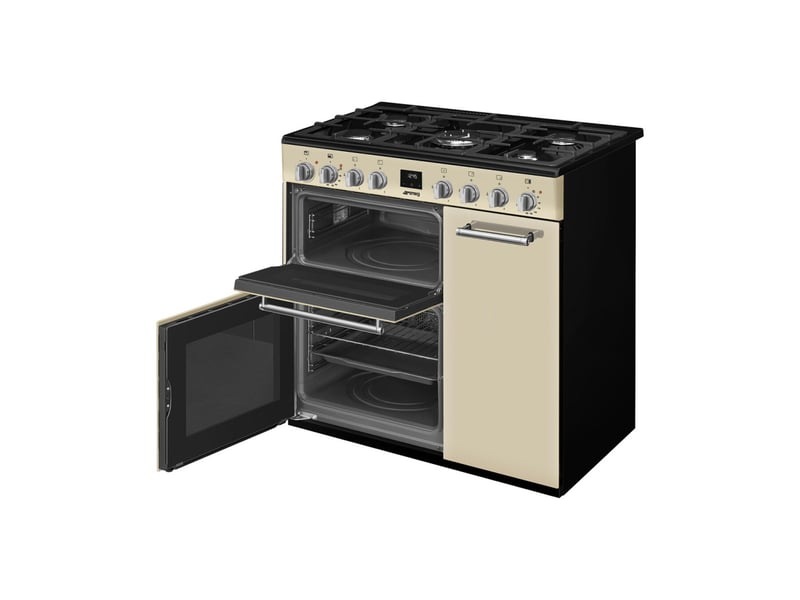  Cuisiniere pose libre 90 cm 5 foyers gaz avec 3 fours creme verre 7798911 - Conforama E