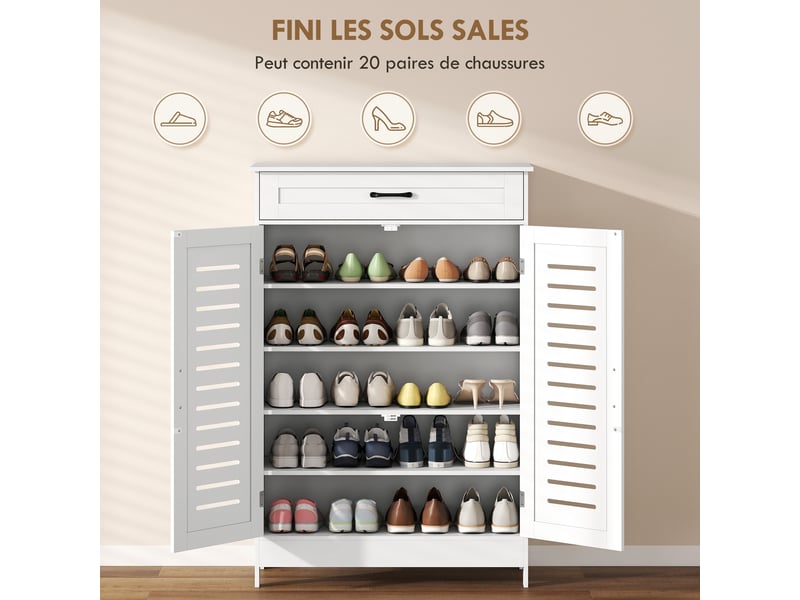  Meuble à chaussures 20 paires, armoire à chaussures avec 2 portes persiennes, tiroir et étagères réglables, blanc  - Conforama E