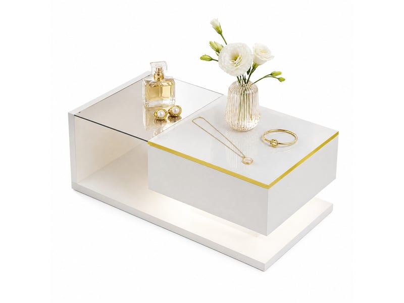  Table basse avec rangement et led 16 couleurs pour salon 100×50×32,5 cm en panneaux de particules blanc  - Conforama A