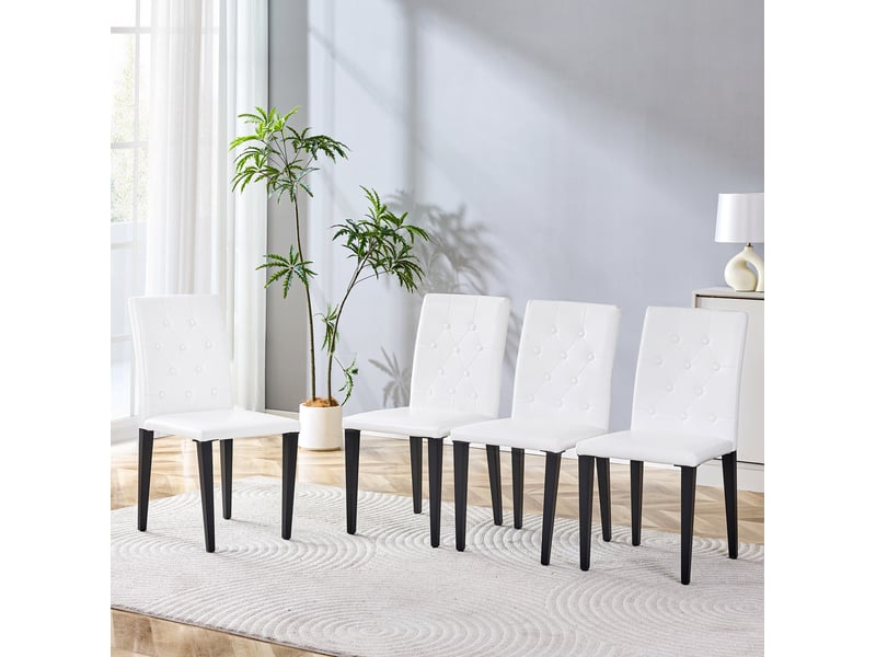  Lot de 4 chaises de salle à manger 89 cm, chaise cuisine, assise confortable, dossier à motifs losange, pu blanc, métal noir  - Conforama D