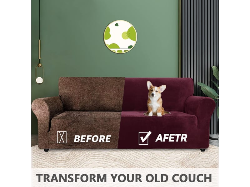  Housse de canapé en velours 4 places(231-279cm), sofa cover extensible bordeaux  - Conforama C
