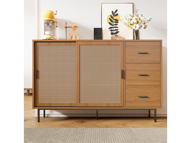  Buffet et enfilade avec 2 portes coulissantes, 3 tiroirs et étagères réglables, pour salon et salle à manger, en panneaux de particules, 140×37×91 cm, naturel - uvrion  - Conforama C