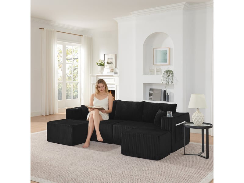  Canapé d'angle, canapé modulable – 3 places, poches latérales, porte-gobelets, noir, pouf amovible, en velours tricoté  - Conforama R