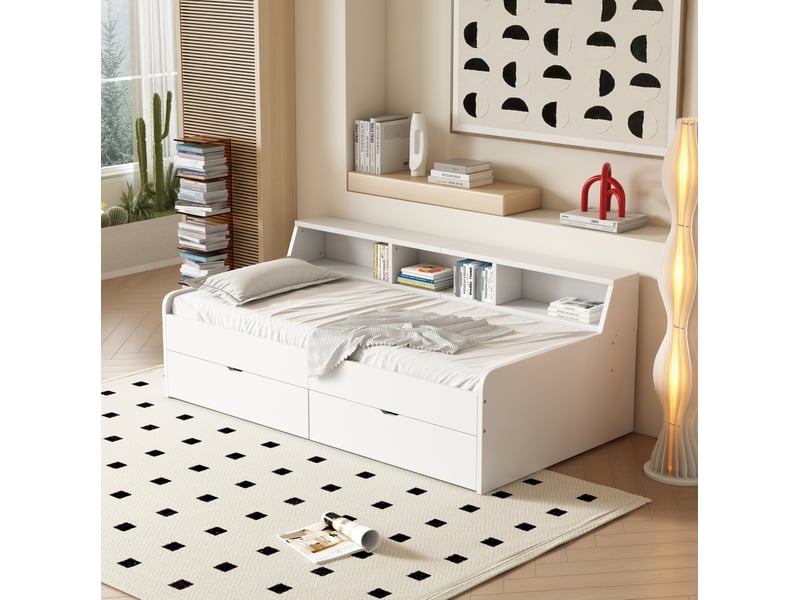  Lit simple 90x200 cm avec 2 tiroirs et 3 niches blanc  - Conforama E