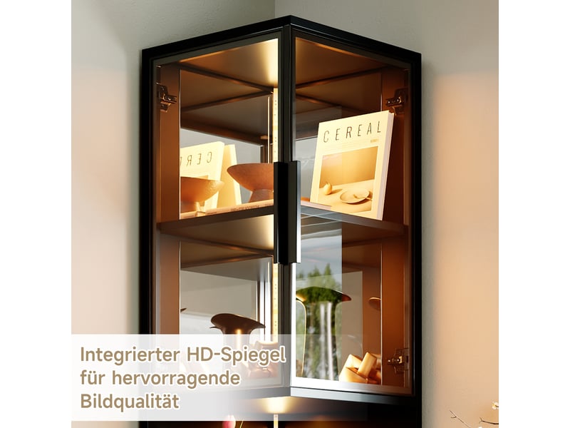  Vitrine noire avec éclairage led, meuble vitrine en verre 205 cm, portes doubles, fond miroir, étagère ouverte, pour salon  - Conforama R