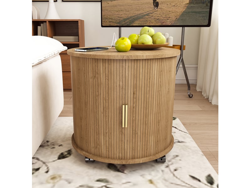  Table de chevet ronde avec porte coulissante, rangement à 2 niveaux et station de charge, mdf chêne clair, 60 × 60 × 60 cm  - Conforama D