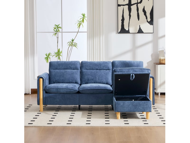  Canapé droit 3 pl 201x77x86 cm poches latérales et pieds en bois, coffre intégré, tissu chenille bleu, pour le salon  - Conforama E