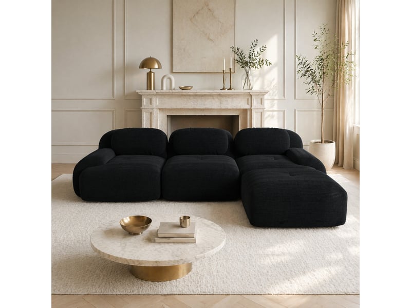 Canapé d'angle modenvie modulable 3 places sans cadre en velours côtelé noir 298 x 178 cm  - Conforama E