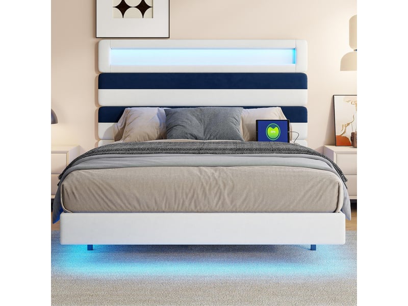  Lit 140x190cm - lit double 140x190 - avec tête de lit modulable rayures en velours, led rvb, usb et ue - beige  - Conforama C