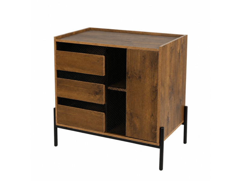  Commode helio 3 tiroirs et 1 porte - 80 x 40 x h75 cm - effet bois et métal noir  - Conforama A