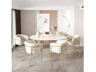 Lot 6 chaises de salle à manger, dossier arrondi, fauteuils d'appoint, revêtement en fausse fourrure, finition blanche, cadre en métal