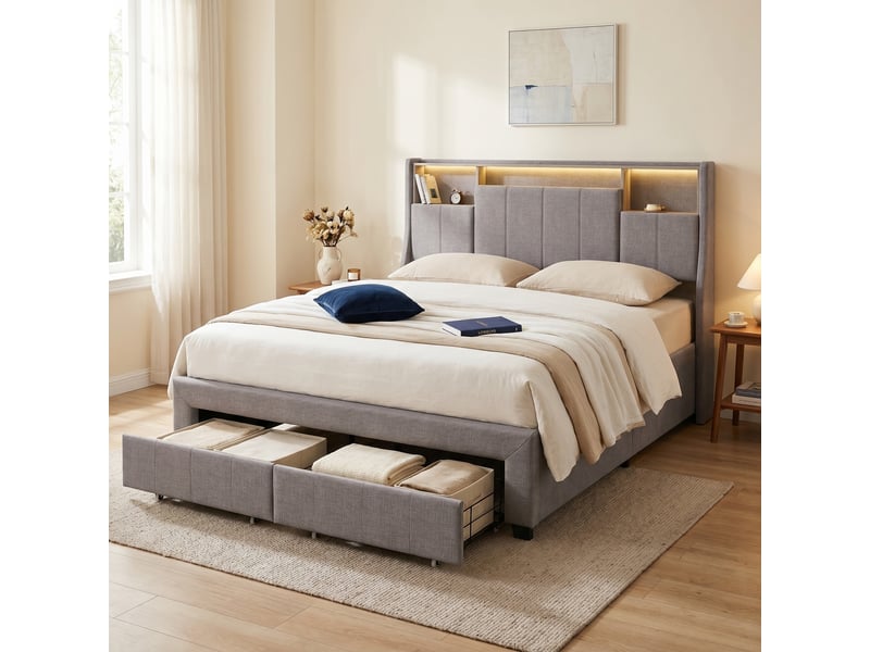 Lit adulte 160x200 avec sommier, 2 tiroirs, lit double capitonné avec éclairage led, 2 prises, 2 usb, tête de lit avec rangement et poches latérales, tissue lin, style scandinave(160x200cm, gris) - Conforama B