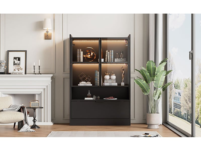  Vitrine,80x35x120 cm,avec éclairage led,panneau de particules,noir mat  - Conforama E