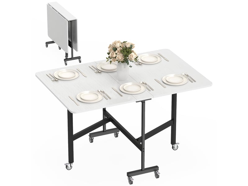  Table à manger pliante avec 6 roulettes et structure acier blanc 120 x 80 x 73 cm  - Conforama A