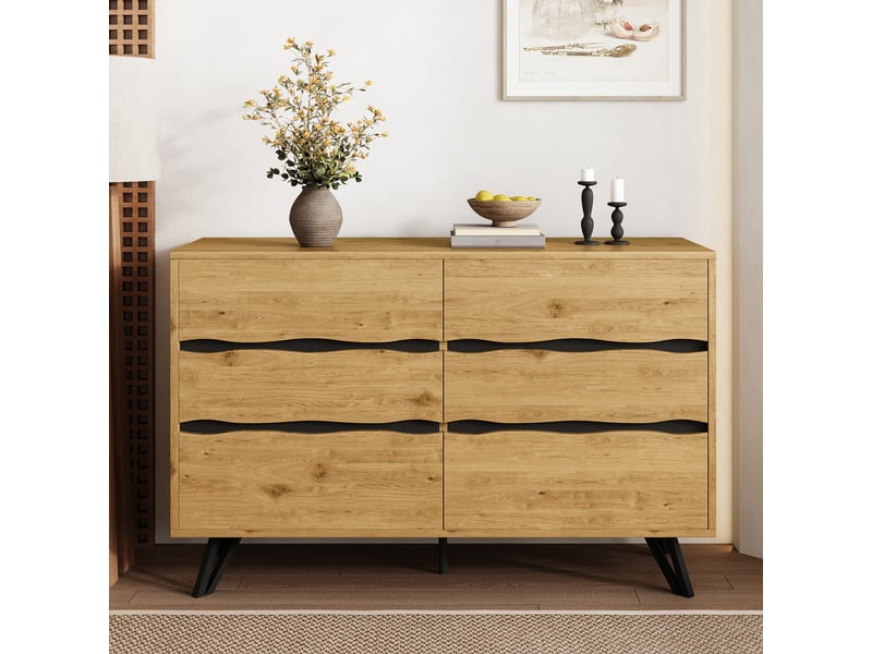 Buffet et enfilade avec 6 tiroirs et pieds métalliques noirs, pour salon ou salle à manger, 120×40×75,5 cm, bois  - Conforama C