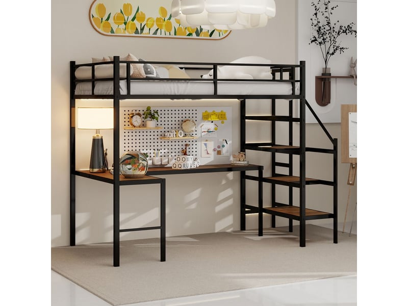  Lit mezzanine 100x200, robuste avec bureau, garde-corps sécurité renforcée, escalier rangements  - Conforama B