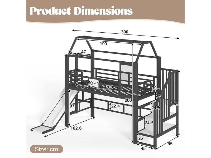  Lit mezzanine enfant 200x90 cm en métal et mdf, lit simple avec toboggan, escalier et led, matelas non précisé, noir  - Conforama D