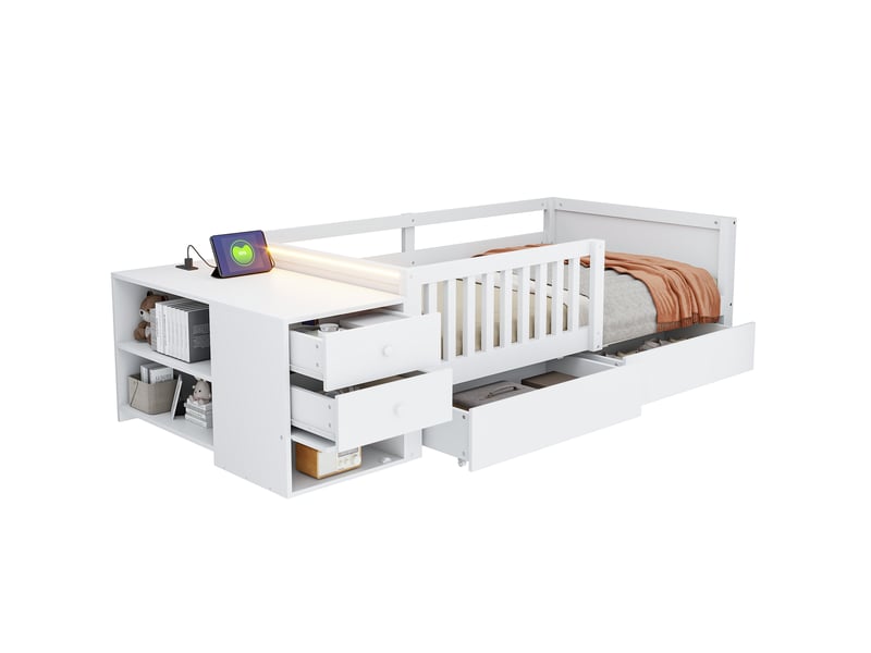  Lit enfant 90x200 cm blanc avec rangement indépendant, bureau, prise, led, 2 tiroirs et étagères  - Conforama A