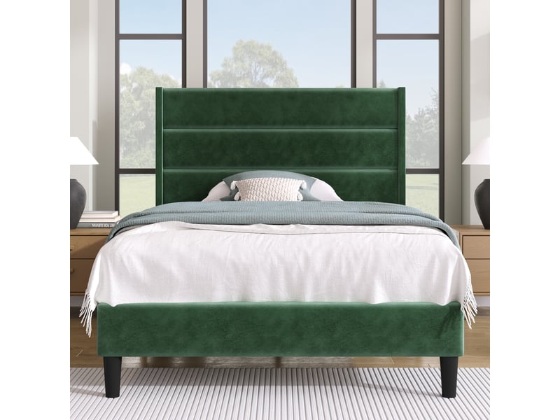  Lit enfant 90x200 cm, tête de lit, sommier, design minimaliste, velours vert, sans matelas  - Conforama B