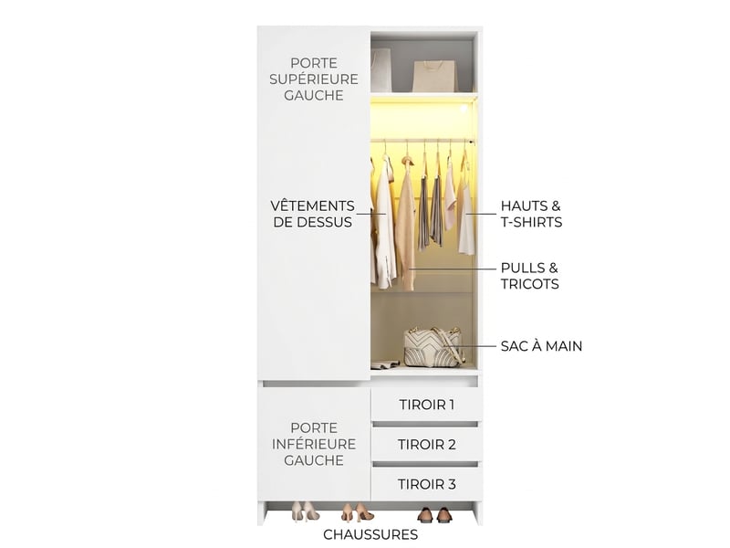  Armoire blanche 2 portes avec penderie et 2 tiroirs, poignées bois, 90x45x200 cm  - Conforama D