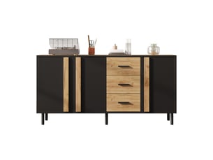 Buffet salon noir et bois 140 cm, commode 3 portes 3 tiroirs, meuble de rangement en mdf
