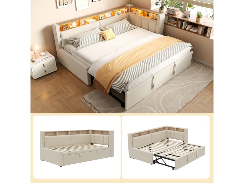  Banquette-lit extensible 90x200 à 180x200 cm, led, tête de lit d'angle avec rangements ouverts, lin et mdf, beige OMNIGLINT TRADING LTD - Conforama E
