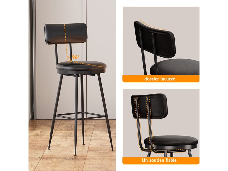  Lot de 4 tabourets de bar - 38x39.7x85.5cm - chaises de bar industrielles vintage en cuir pu - noir  - Conforama D