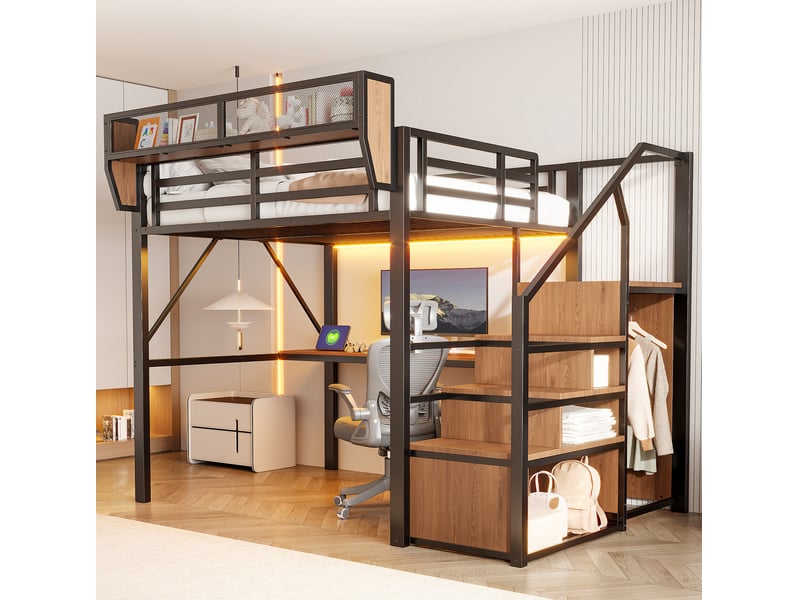 Lit mezzanine (140 x 200 cm), lit métallique avec barre lumineuse led, bureau long, échelle de sécurité et rangement flexible – lit métallique universel pour adultes et enfants – noir  - Conforama D