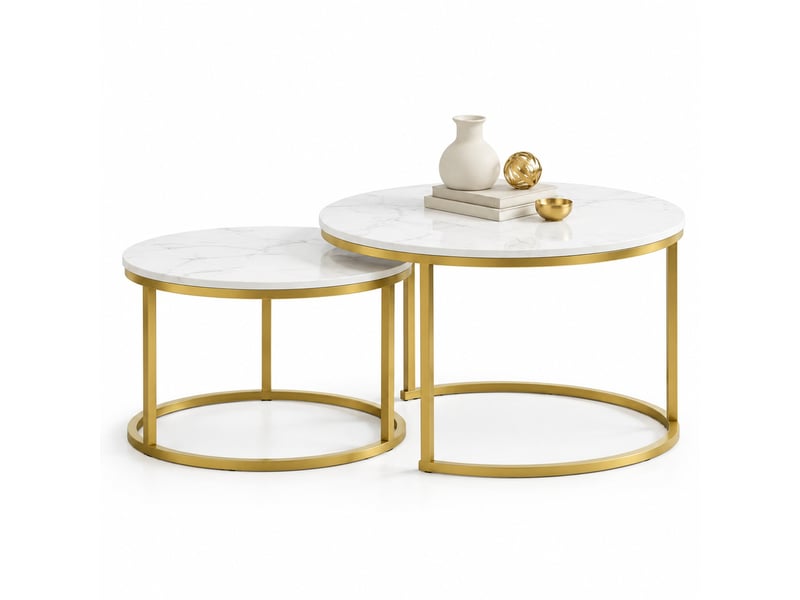  Lot de 2 tables basses rondes gigognes, effet marbre blanc et structure dorée  - Conforama A