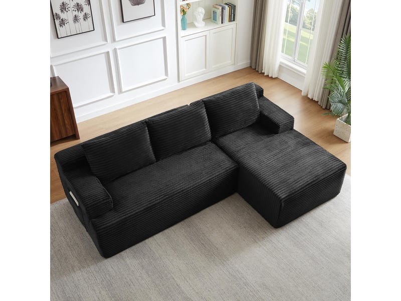 Canapé 4 places - 238x152x66cm - modulable sans montage avec méridienne droite et tissu velours côtelé - noir - Conforama D