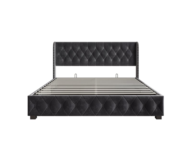  Lit coffre 140x190 cm, lit double avec sommier hydraulique relevable, tête de lit capitonnée à oreilles, rivets design classique, velours, gris foncé  - Conforama D