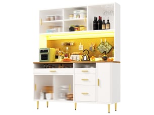 Armoire haute 145x39x171 cm, avec porte coulissante en verre, buffet cuisine vaisselier avec led, mdf, coloris blanc