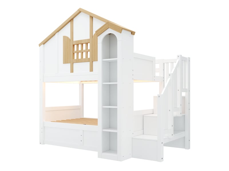 Lit superposé enfant, 2 couchages 90 × 200 cm, escalier-rangement et led Fay Lum - Conforama R