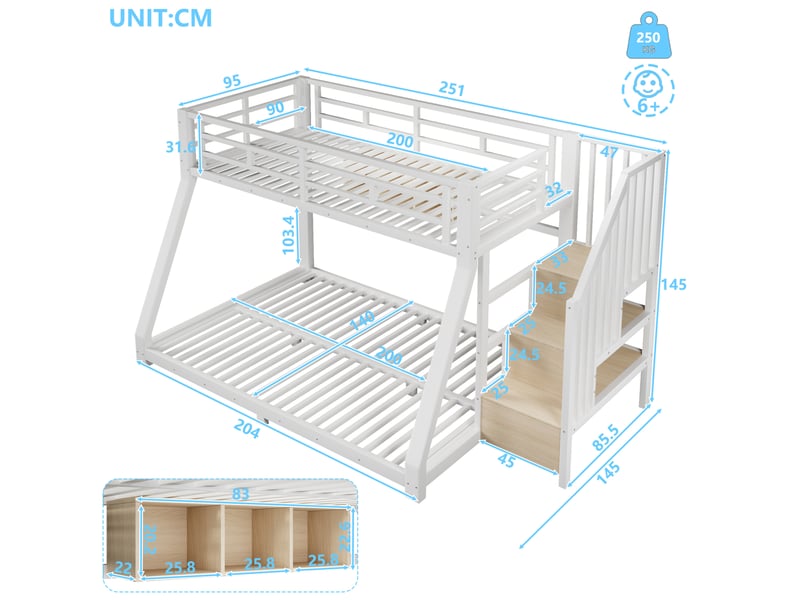 Lit superposé enfant 90x200 cm et 140x200 cm avec led et rangements blanc - Conforama C