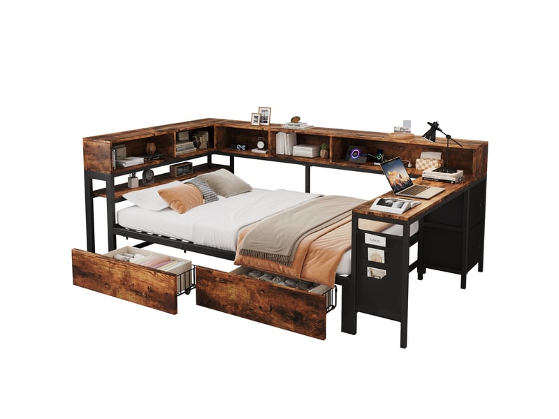 Lit combiné 120x200 cm avec rangements et prise de charge noir et naturel - Conforama A