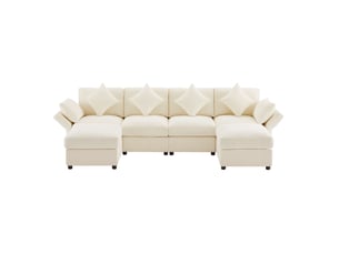 Canapé modulable ulevr 6 places avec 2 poufs, accoudoirs réglables, configuration u ou l, 284 x 156,5 x 86 cm, chenille beige