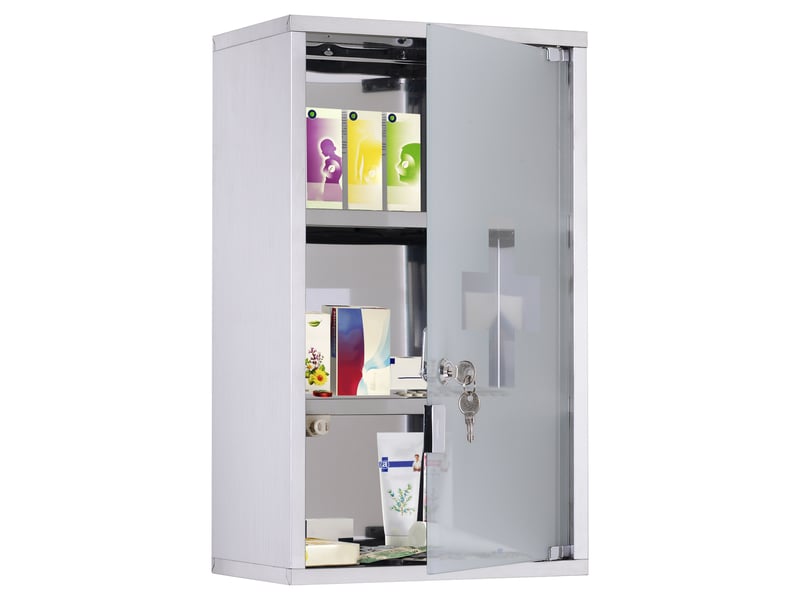  Armoire à pharmacie en acier inoxydable, verrouillable, à 3 compartiments et porte vitrée, 30 x 18 x 50 cm  - Conforama B
