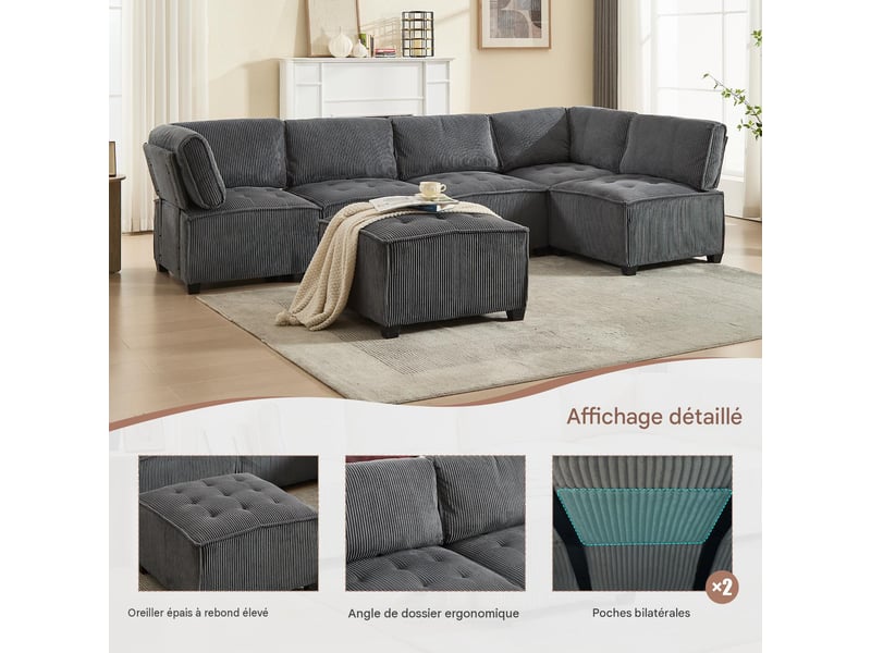  Canapé modulable 6 places en velours côtelé gris W2845S00124 - Conforama D
