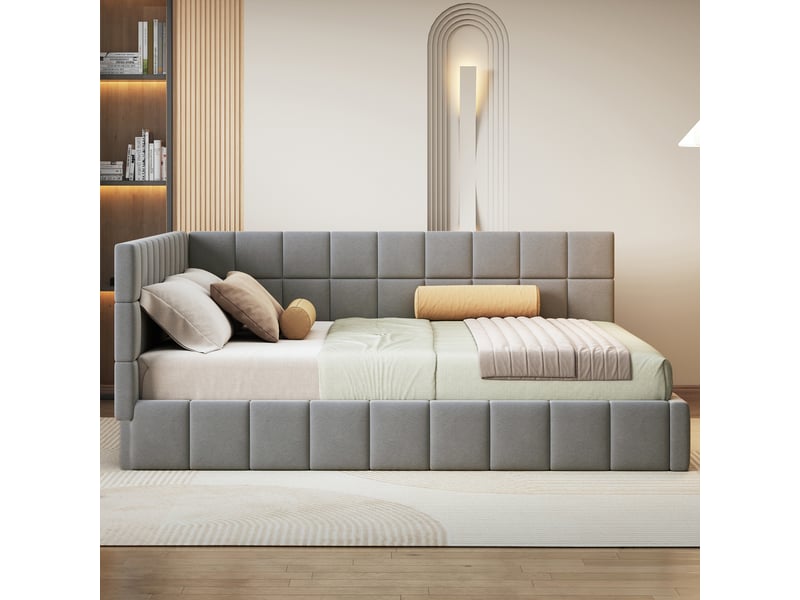Lit banquette enfant rembourré 160 x 200 cm avec sommier à lattes, velours, gris Fay Lum - Conforama E