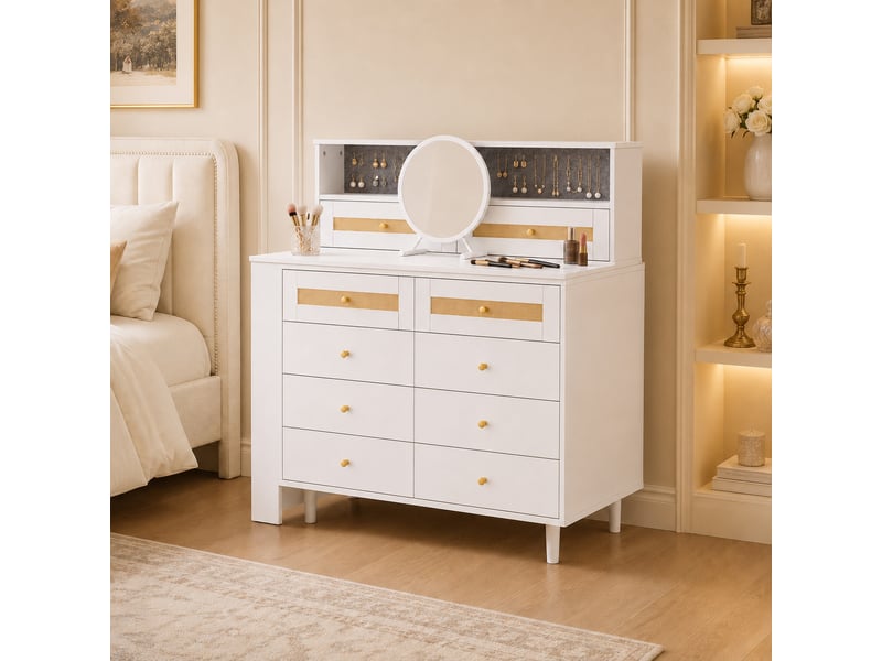  Coiffeuse adulte 105x50x107,5 cm avec miroir, 10 tiroirs, plateau en verre trempé, mdf blanc, pour chambre et dressing  - Conforama D