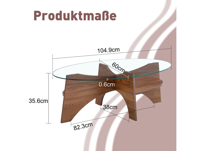  Table basse ovale avec étagère de rangement, plateau en verre de sécurité et supports effet noyer pour salon  - Conforama D