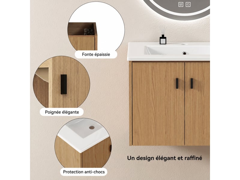  Meuble vasque 60 cm effet chêne clair en mdf avec vasque en céramique et 2 portes  - Conforama E