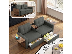 Canapé droit 2 places en chenille 178 x 71 cm avec rangement intégré, tablette rabattable, porte-gobelets et assise réglable - gris foncé