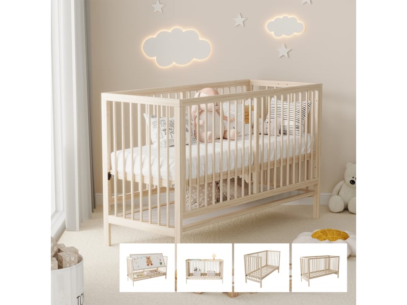  Lit bébé  60 x 120 cm -lit multifonctionnel 5 en 1 60 x 120- hauteur réglable - bureau et chevalet convertibles - bois - beige  - Conforama B