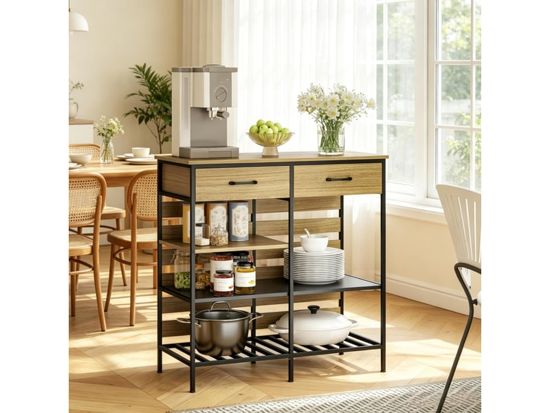  Buffet de cuisine industriel, meuble de rangement 2 tiroirs et étagères, cadre en acier robuste, 90x40x91 cm, bois naturel et noir  - Conforama E