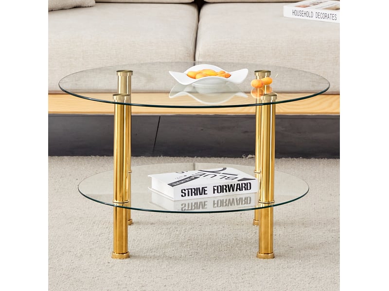  Table basse ronde à 2 niveaux – verre trempé transparent et métal doré – ø 70 x h 42 cm  - Conforama C