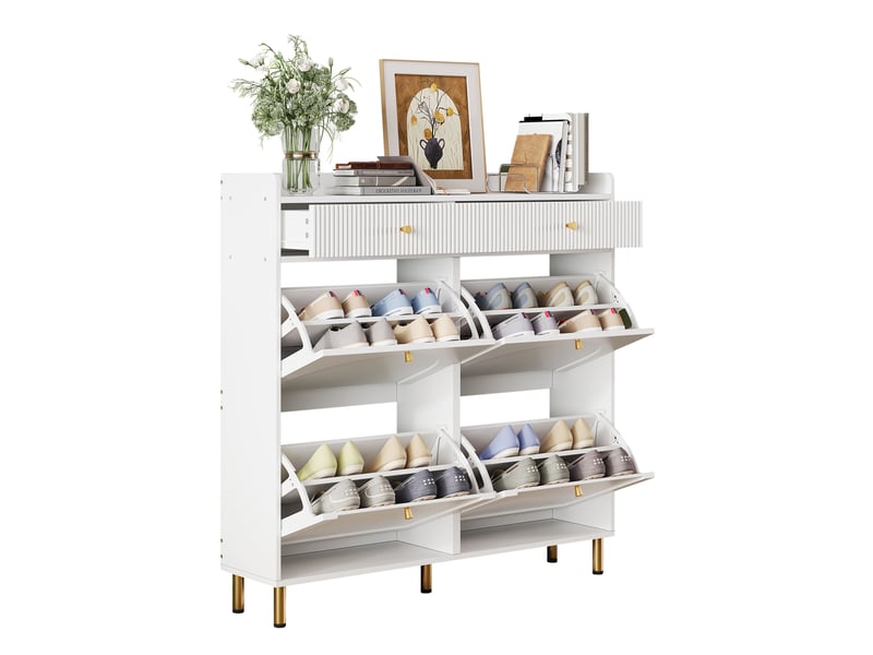  Meuble à chaussures étroit 106.5x25x105.5 cm, 4 abattants et 2 tiroirs, blanc  - Conforama A