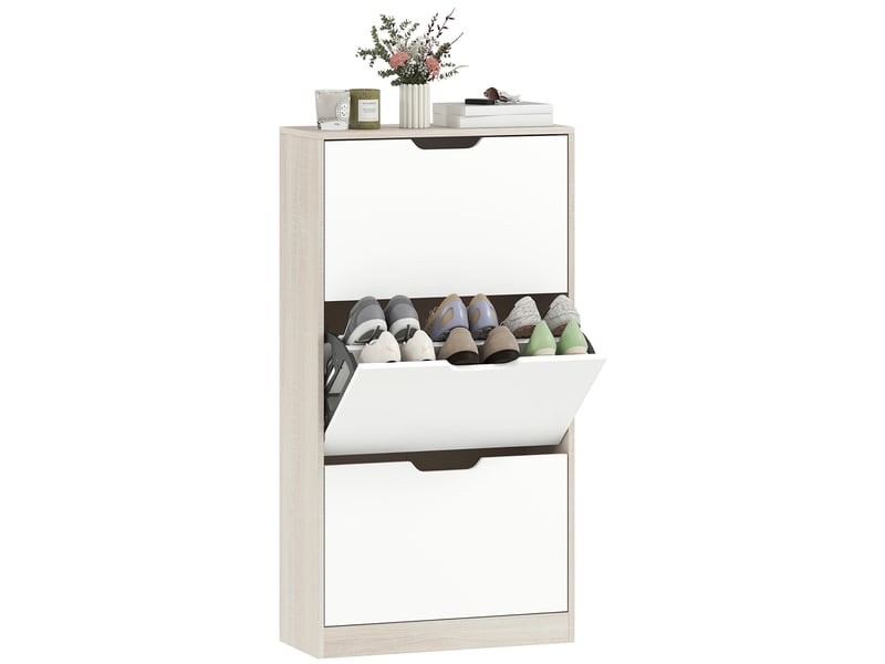 Meuble à chaussures étroit à 3 portes battantes, étagère à chaussures d'entrée pour 18 paires de chaussures, 62,5 x 26 x 117,5 cm, chêne et blanc - Conforama A